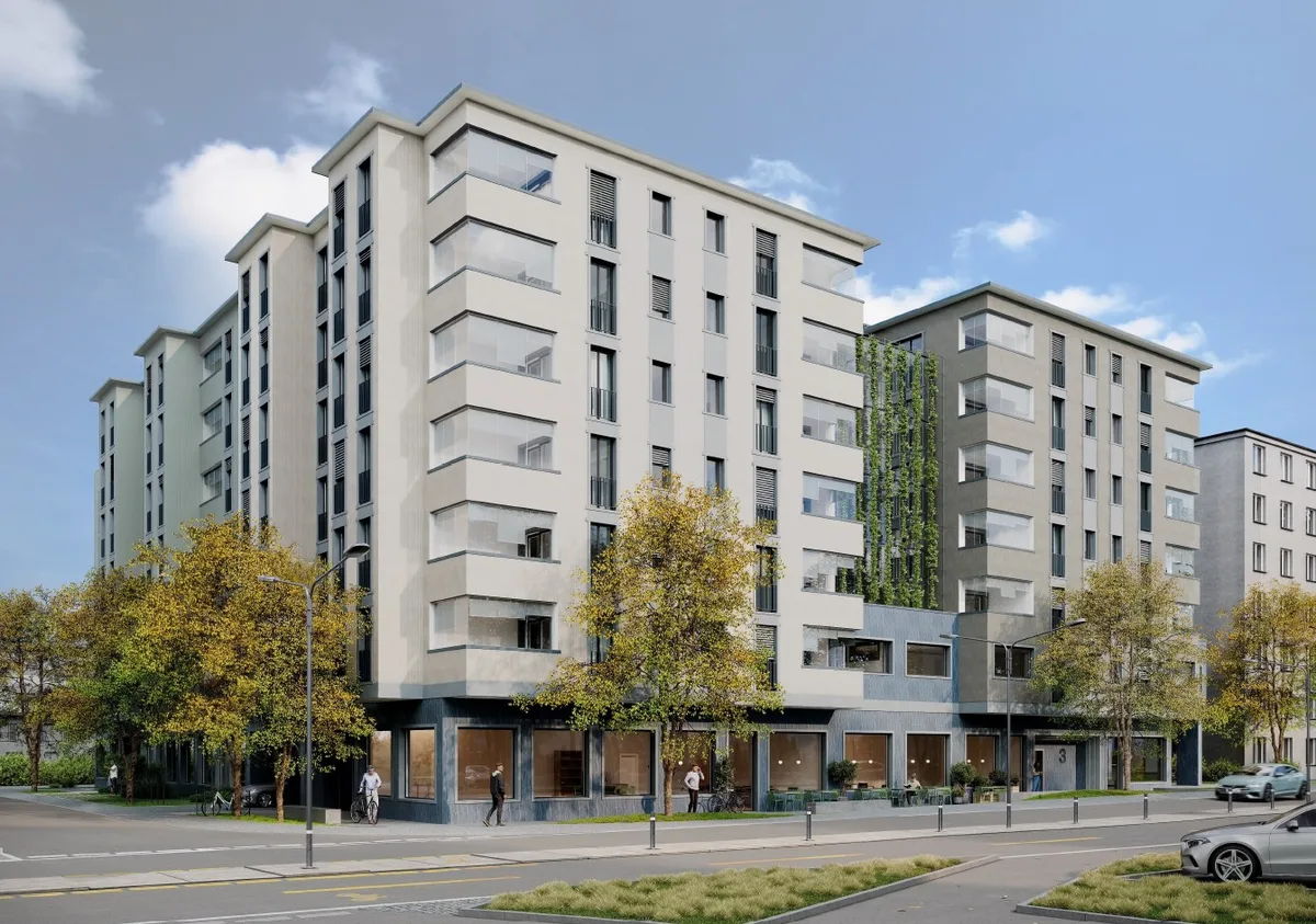 Visualisierung der ersten Etappe der Überbauung Pestalozzistrasse in Wetzikon an der Ecke Rapperswiler-/Pestalozzistrasse.